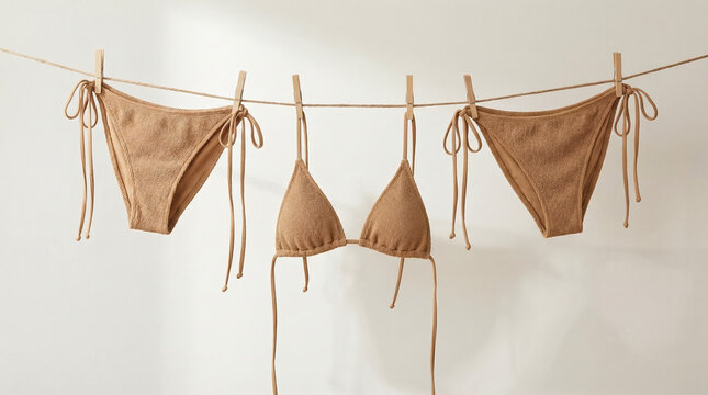 Minimalist tan bikini and swimwear hanging on a laundry line with wooden clothespins against a white wall.