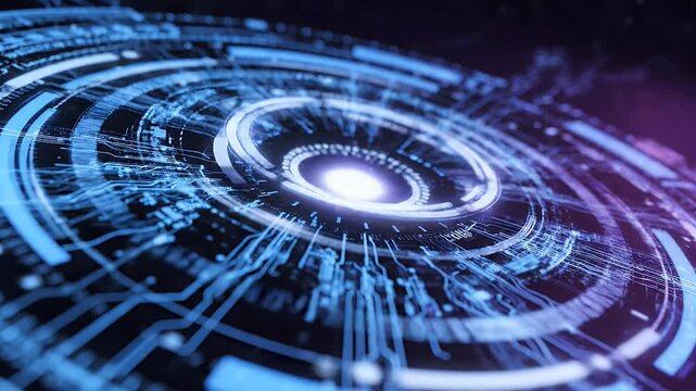 Futuristic circular interface with glowing blue circuits and a bright central core