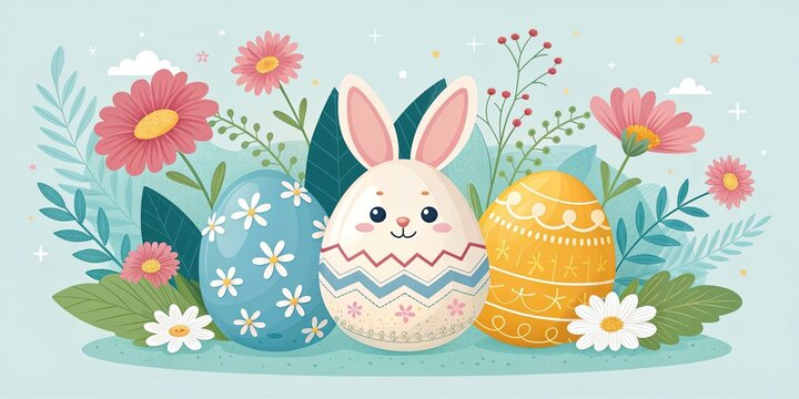 Happy Easter spring landscape with decorated eggs flowers and meadow scene.