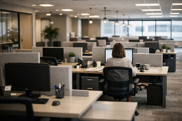 A woman sitting at a desk in a modern office with computers and coworkers in the background