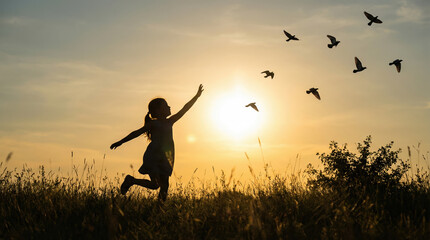 Fototapeta premium Silhouette of a young girl running through a field at sunset while reaching toward a flock of birds.