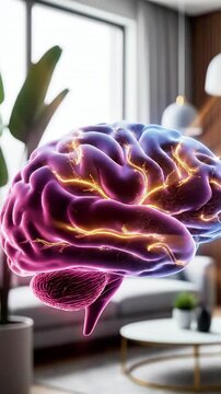 Abstract digital art depicting a human brain illuminated with vibrant energy pathways symbolizing innovation creativity and neurological connections within a modern interior setting