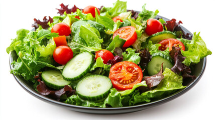 Vibrant garden salad featuring mixed leafy greens, sliced cucumbers, and bright cherry tomatoes in a dark bowl, ideal for culinary and healthy lifestyle themes.