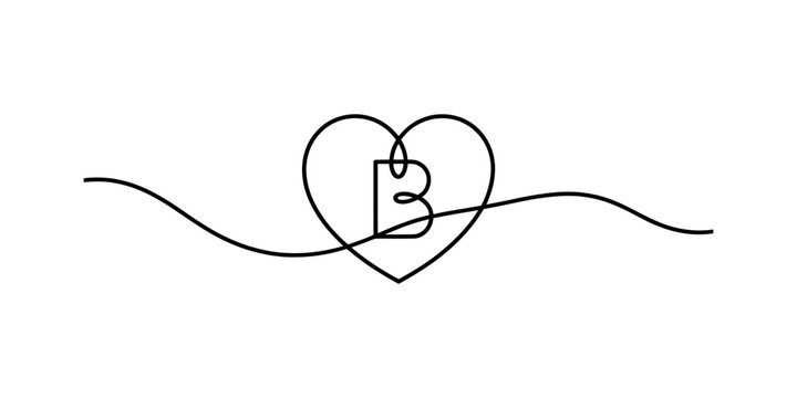 Minimalist continuous line art of a heart shape with the letter b integrated in the center Vector, illustration