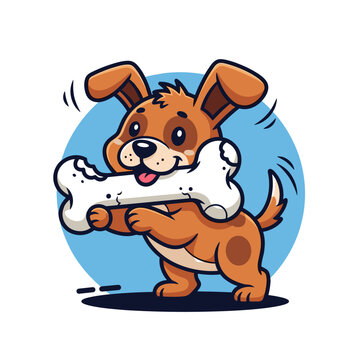 Cute cartoon brown dog happily carrying a large white bone in its mouth against a blue background.