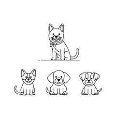 Obraz premium Line art illustration of four cute cartoon dogs and puppies sitting, isolated on a clean white background, showcasing various breeds.