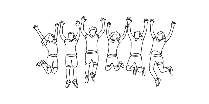 Minimalist line art of a group of six diverse people jumping up in celebration and joy Vector, illustration