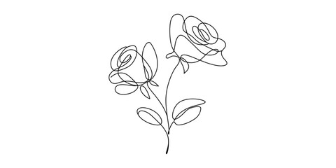 Fototapeta premium Minimalist continuous line drawing of two blooming roses with leaves on a white background Vector, illustration