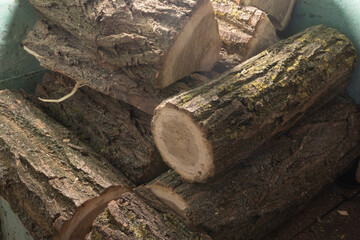 Fresh cut wood placed on old stove to dry before burning. Rustic interior detail symbolizing traditional heating, energy saving and rural living.