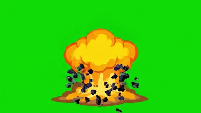 Cartoon Explosion with Orange Mushroom Cloud on Green Background