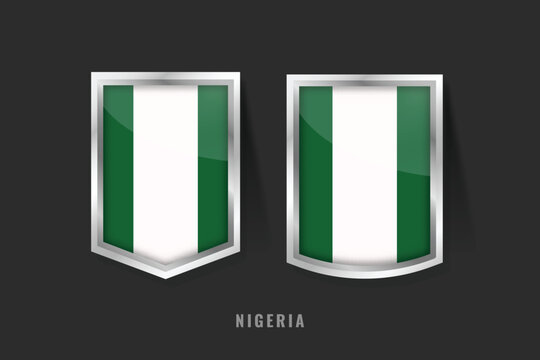 Vector illustration of Nigeria flag on 3D metallic shields. Green and white vertical triband representing peace and agriculture. National symbol of the Giant of Africa and Nigerian identity