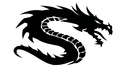 Obraz premium Black serpentine dragon silhouette, curled with spiky spines and an open, sharp-toothed mouth