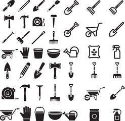 Set of 40 Black and White Gardening and Construction Tools Icons Vector