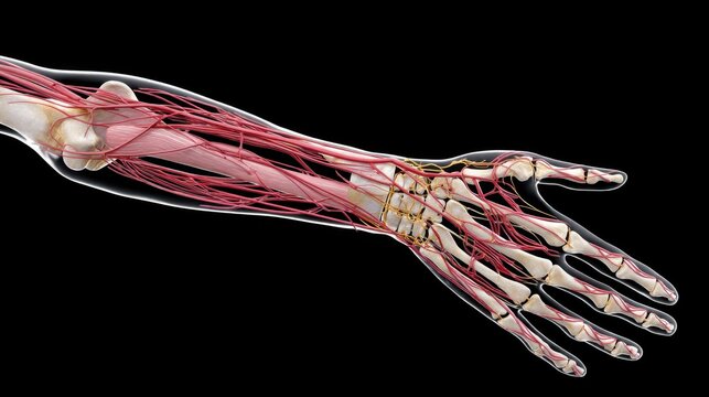 Detailed Anatomical Illustration of Human Arm Showing Bones Muscles Nerves and Blood Vessels with Lifelike Transparency Effect