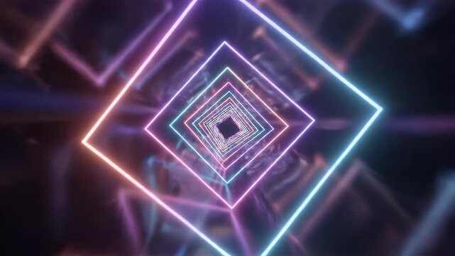 Endless tunnel of glowing squares receding into a dark, smoky abyss