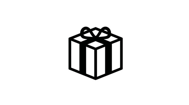 Black and white graphic of a square gift box with bow viewed at an angle