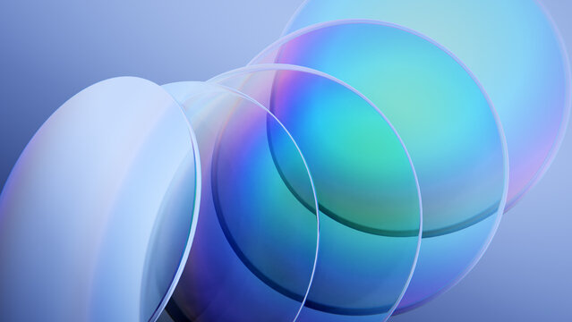 Precise iridescent discs glass plates on a dark blue background