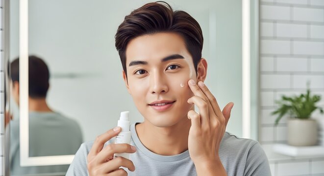 Young man applying face cream in a modern bathroom, diligently performing his daily facial skincare routine for a healthy, smooth, and radiant complexion