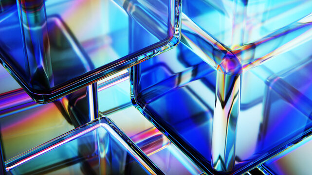 Abstract structure of blue glass cubes showing iridescent chromatic dispersion and reflections