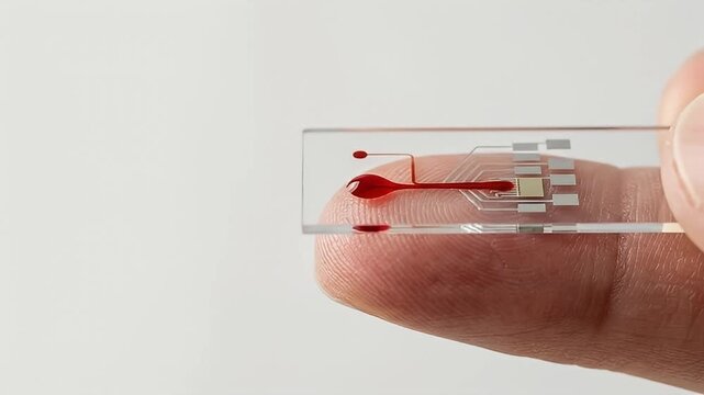 Blood drop finger microchip transparent slide medical technology close up healthcare diagnostic tool small electronic device sample analysis sensor clinical laboratory science innovation futuristic