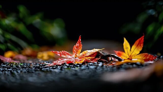Red maple leaf and yellow autumn leaf close up on wet dark background with water droplets, nature fall season colorful leaves on black stones creating serene reflective mood outdoors