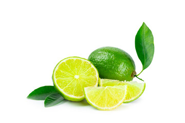 Fresh lime isolated on white background. Whole limes and slices in a bowl. Citrus. Vitamin C. Detox diet. Tropical fruits. Summer refreshing lemonade or mojito concept.