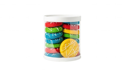 Colorful macarons in a white canister