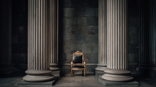 Elegant golden throne surrounded by tall stone columns in a majestic indoor setting with dramatic lighting and atmosphere