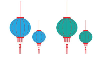 Chinese lantern vector set, red tassel hanging lanterns, flat minimal Asian festival decoration illustration.
