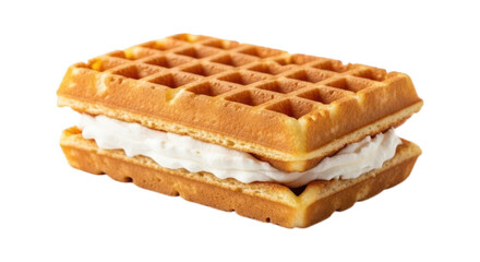 Golden rectangular waffle sandwich filled with fluffy white cream
