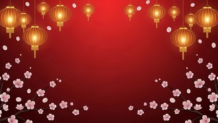 Decorative hanging lanterns and floral elements against a red gradient background