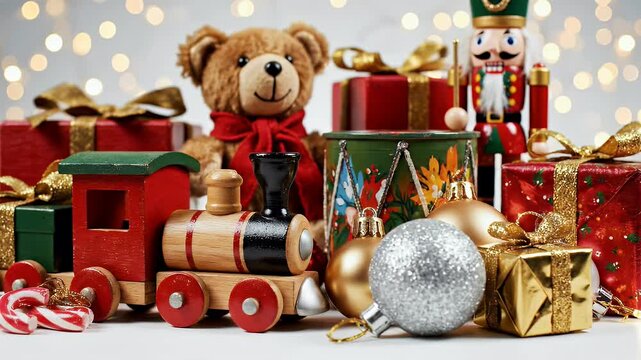 Festive collection of Christmas toys, presents, and ornaments with twinkling lights
