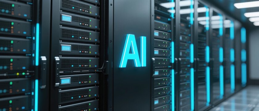 AI infrastructure servers in modern IT data center corridor, idea for artificial intelligence computing platform, enterprise cloud systems, machine learning processing, digital network technology