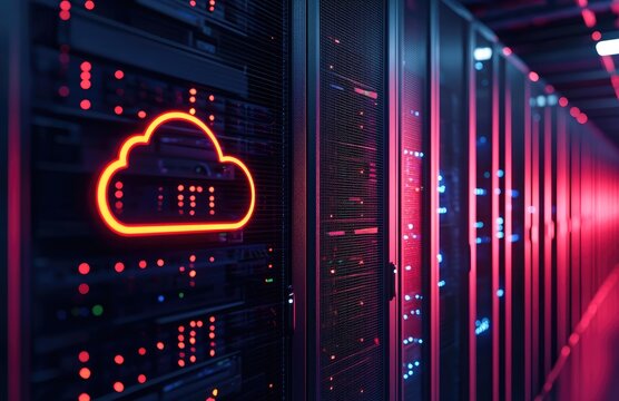 Cloud computing infrastructure concept with glowing cloud icon inside modern IT server rack corridor, idea for cloud storage, hosting platform, enterprise network technology and secure data center