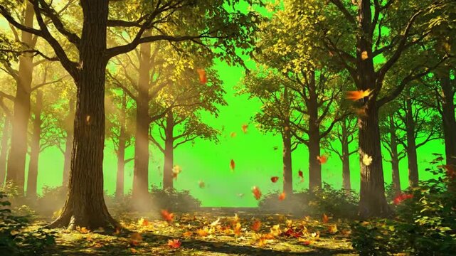 Autumn Forest with Falling Leaves and Green Background