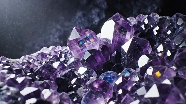 Purple Amethyst Crystals Catching Light in Dark Cave