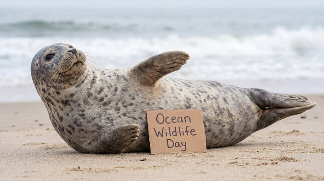Spotted seal on sandy beach with ocean wildlife day sign for marine animal protection campaign banner and conservation awareness design