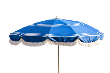White and blue striped vintage beach umbrella, parasol isolated on white or transparent background, png cut out © Delphotostock