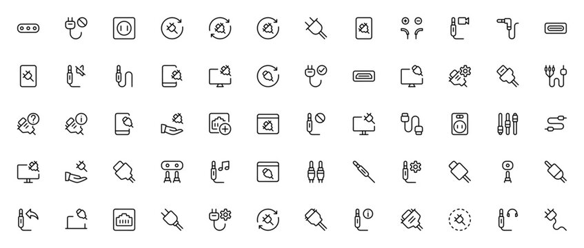 Connector and Cable icon set. Minimal vector icons pack including jack, USB, HDMI, VGA, plug, socket, charger, cable, audio, power and more. Editable stroke.