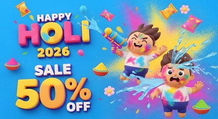 Fototapeta premium Happy holi 2026 sale 50% off festive celebration with color splash