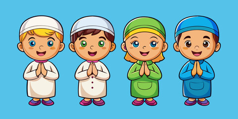 Fototapeta premium Diverse group of cute and happy children in traditional prayer attire smiling together