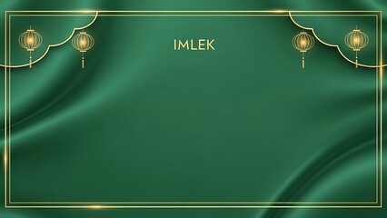 Elegant green backdrop with golden lanterns and frame for visual content