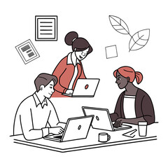 Fototapeta premium Flat illustration of 3 people working on laptops