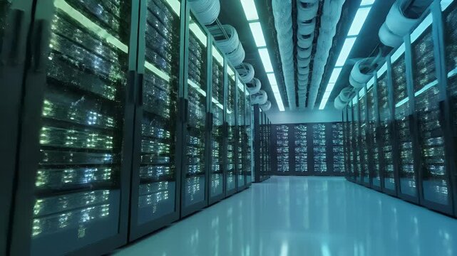 Rows of glowing server racks in a futuristic data center with blue and purple lighting