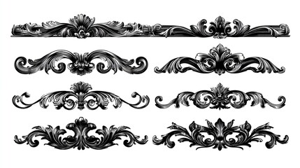 Fototapeta premium Collection of ornate, black baroque-style ornamental dividers with intricate scrolling acanthus leaf designs and floral motifs