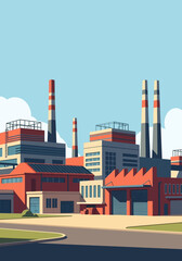 Obraz premium Modern Industrial Factory Buildings with Smokestacks.