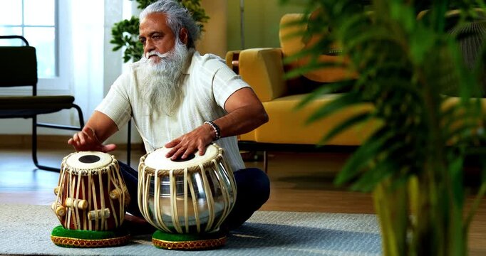 Indian mid age stylish bearded man practicing playing Tabla musical instrument at home, dedicated classical percussion performer doing daily riyaz session in modern home studio interior
