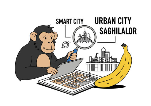 Monkey studying smart city plans with magnifying glass and banana.