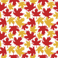 Seamless pattern of red yellow white maple leaves on black background, vibrant autumn design