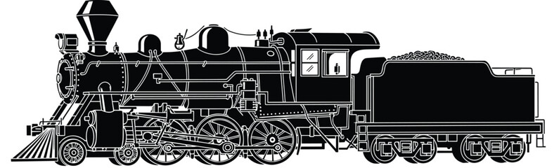Vintage steam locomotive train vector silhouette, black antique engine icon on white background, historical rail transport illustration for travel and engineering. © jannat